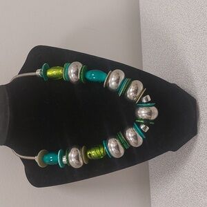 Artsy Chunky Bold Silver Toned Blue Green Statement Fashion Necklace
